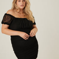 Curve Mesh Ruched Dress Plus Size Dresses Black 1XL -2020AVE