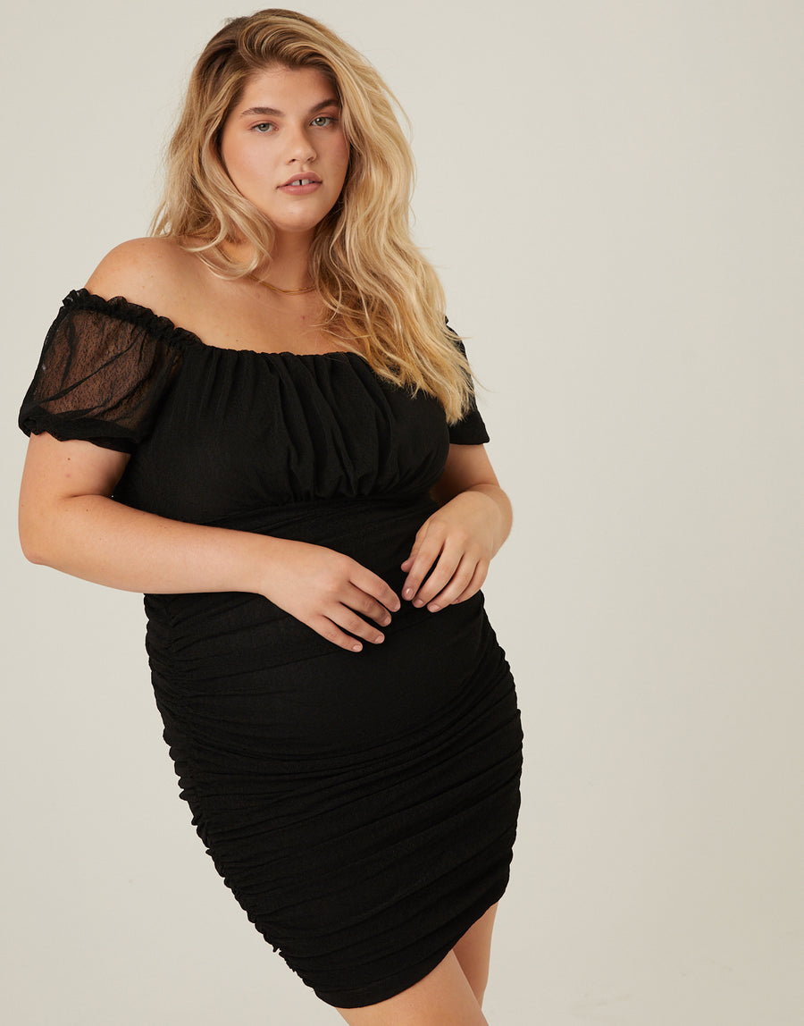 Curve Mesh Ruched Dress Plus Size Dresses Black 1XL -2020AVE