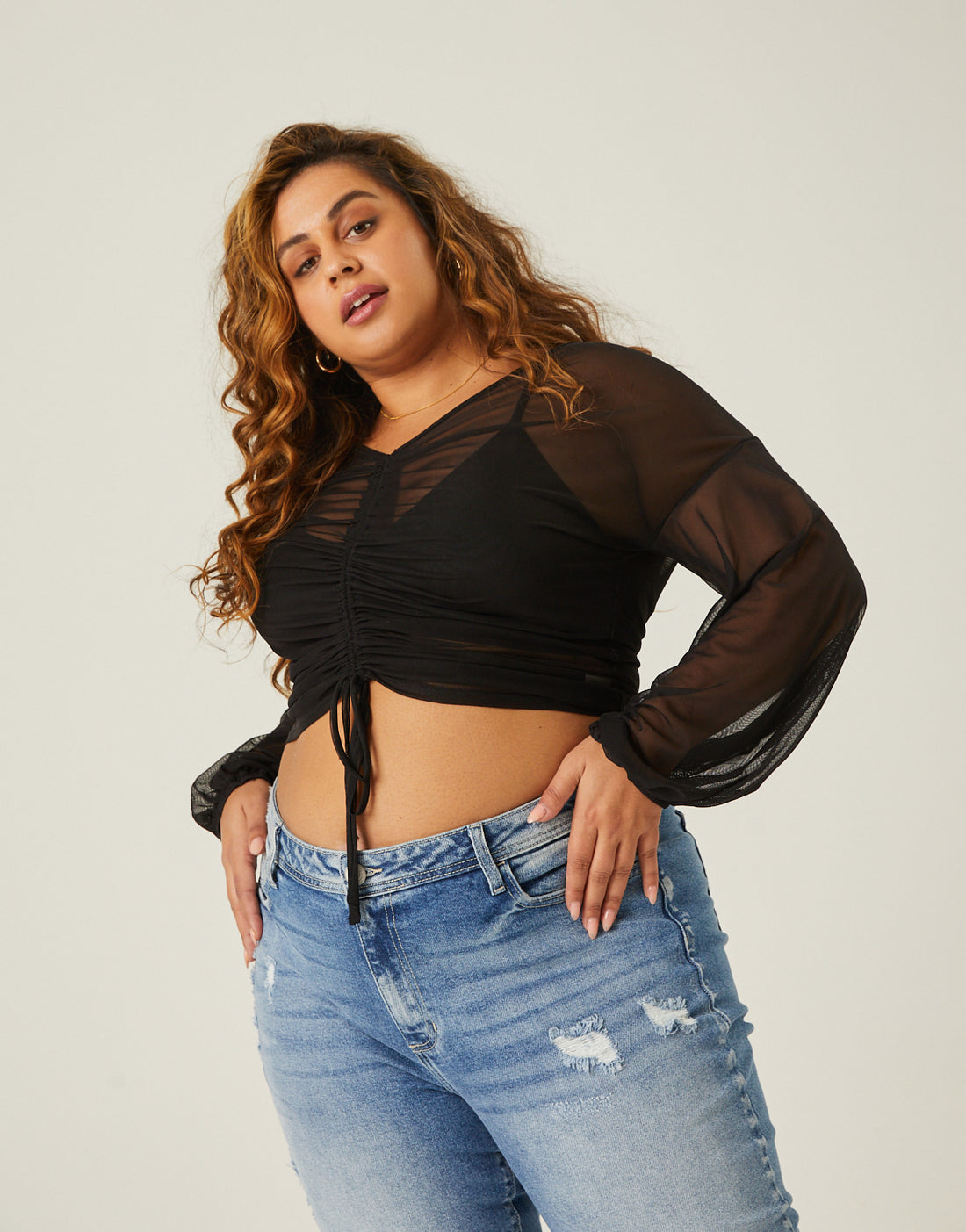 Curve Mesh Ruched Up Top Plus Size Tops -2020AVE