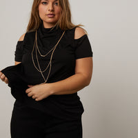 Curve Mock Neck Top With Necklace Plus Size Tops Black 1XL -2020AVE