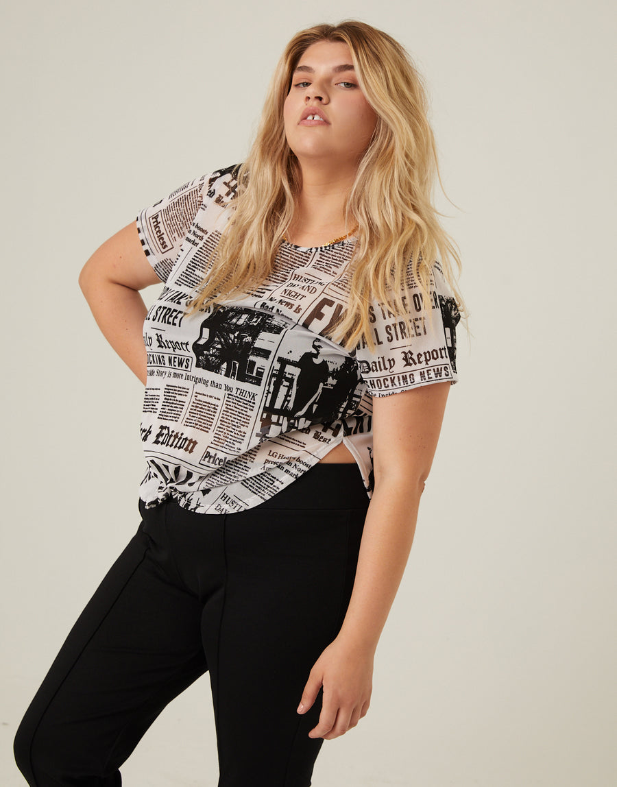 Curve Newspaper Mesh Tee Plus Size Tops -2020AVE