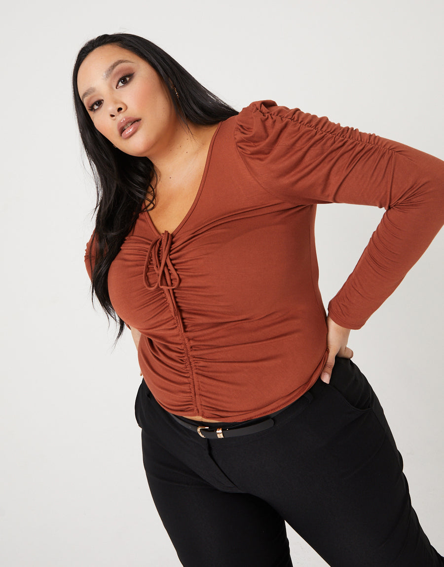 Curve Ruched Sleeve Top Plus Size Tops Orange 1XL -2020AVE