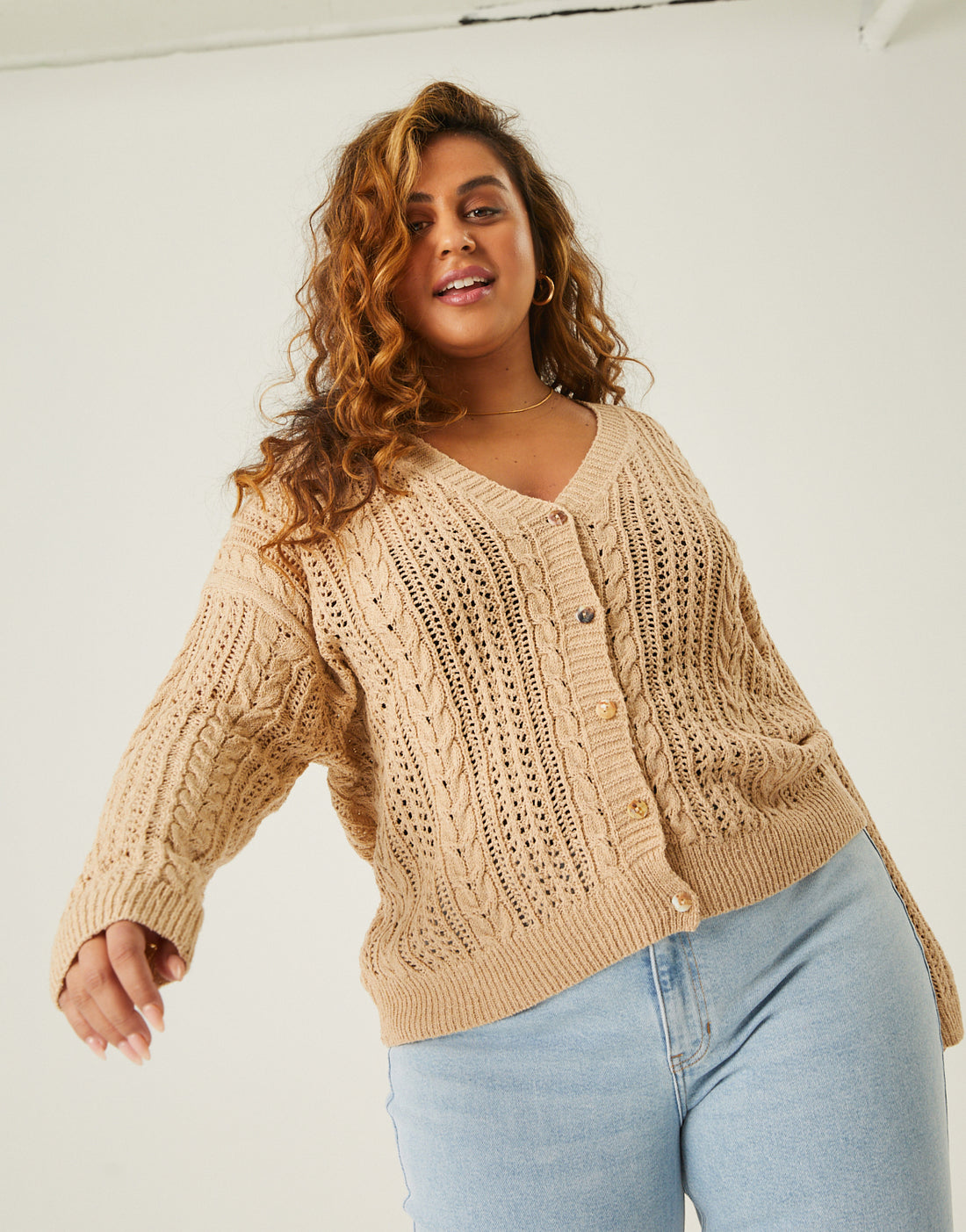 Curve Open Knit Button Cardigan Plus Size Outerwear Taupe 1XL -2020AVE