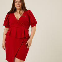 Curve Peplum Tie Belt Dress Dresses Red 1XL -2020AVE