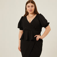 Curve Peplum Tie Belt Dress Dresses Black 1XL -2020AVE
