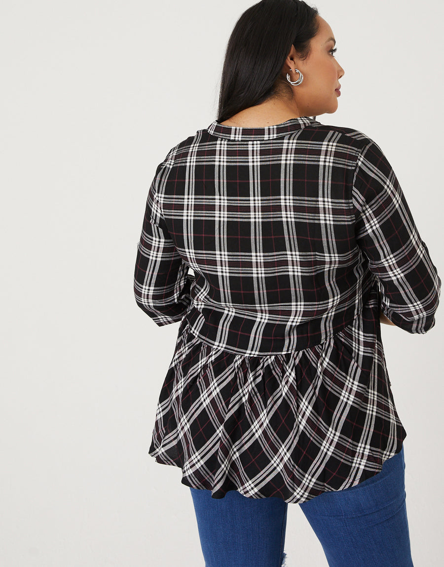 Curve Plaid Baby Doll Blouse Plus Size Tops -2020AVE