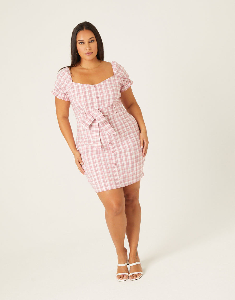 Curve Plaid Puff Sleeve Dress Plus Size Dresses Pink 1XL -2020AVE