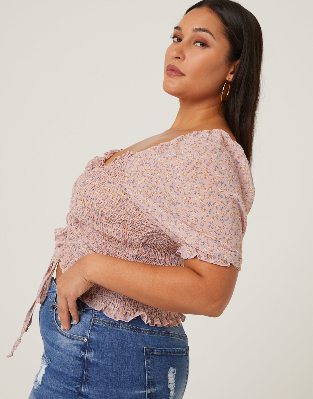 Curve Puff Sleeve Floral Top Plus Size Tops -2020AVE