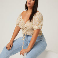 Curve Puff Sleeve Floral Top Plus Size Tops Ivory 1XL -2020AVE