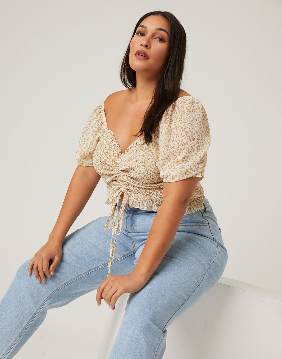 Curve Puff Sleeve Floral Top Plus Size Tops Ivory 1XL -2020AVE