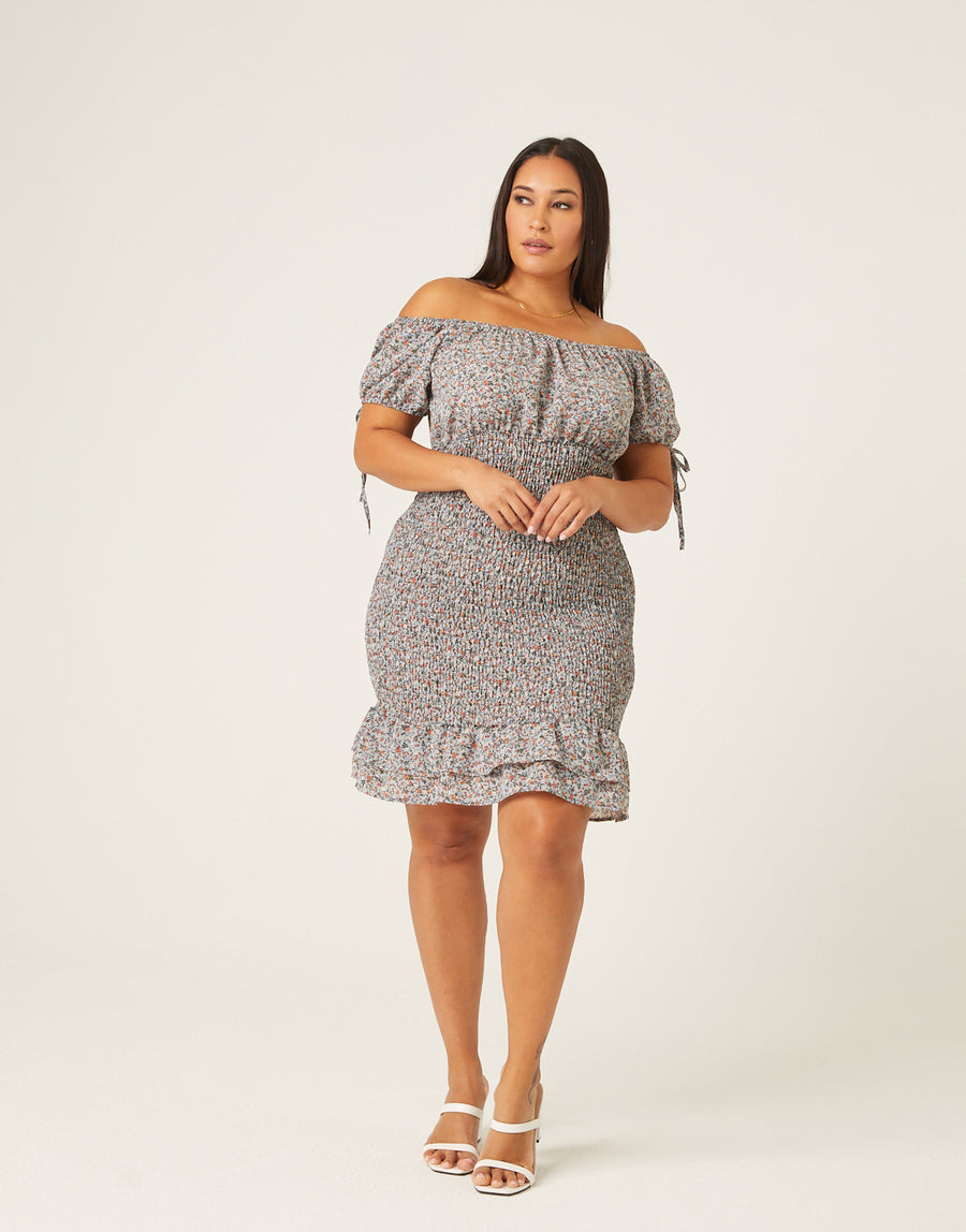 Curve Puff Sleeve Smocked Dress Plus Size Dresses -2020AVE