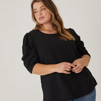 Curve Puff Sleeve Woven Blouse Plus Size Tops Black 1XL -2020AVE