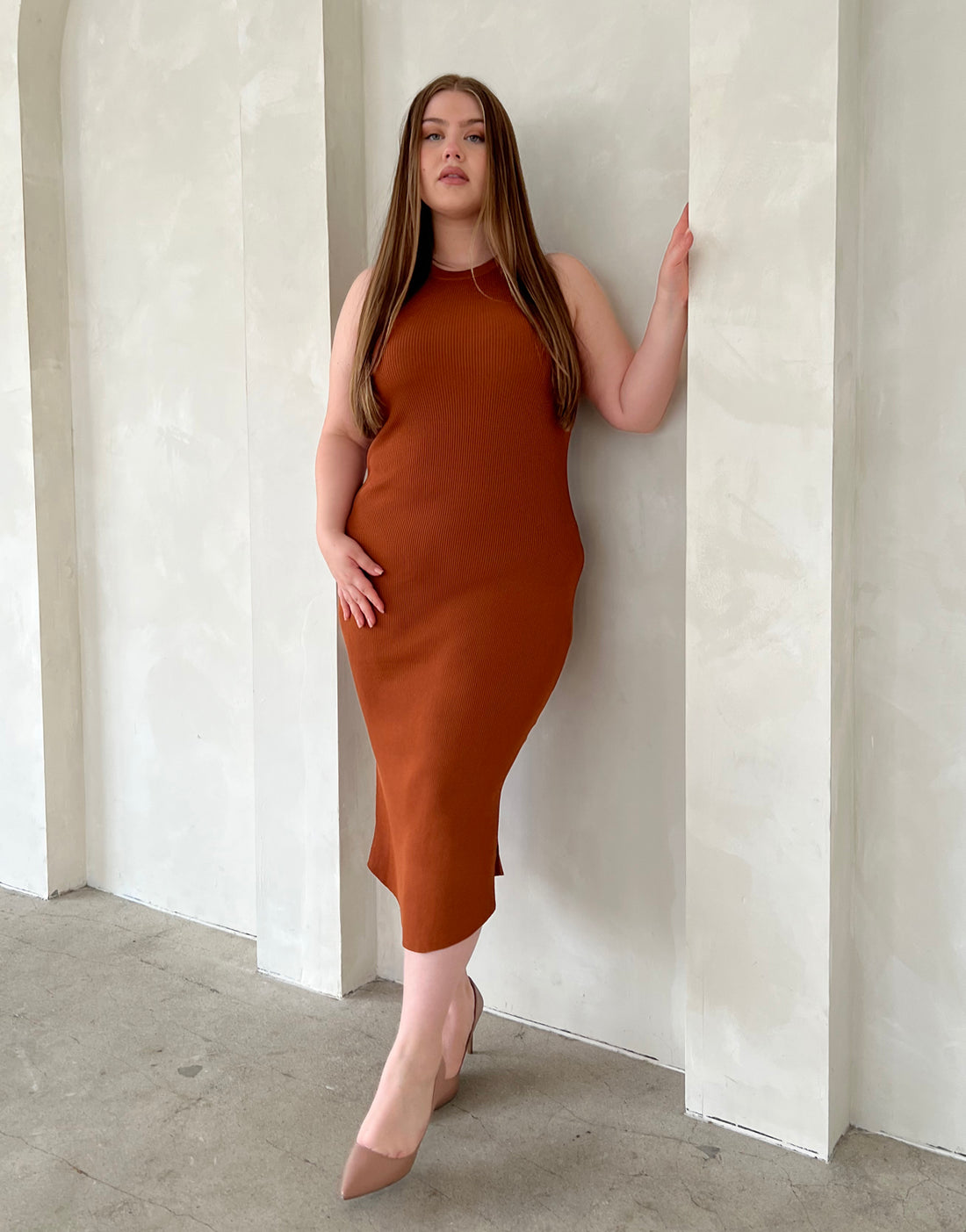 Curve Rib Knit Bodycon Midi Dress Plus Size Dresses Brown 1XL -2020AVE