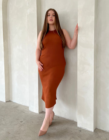 Curve Rib Knit Bodycon Midi Dress Plus Size Dresses Brown 1XL -2020AVE