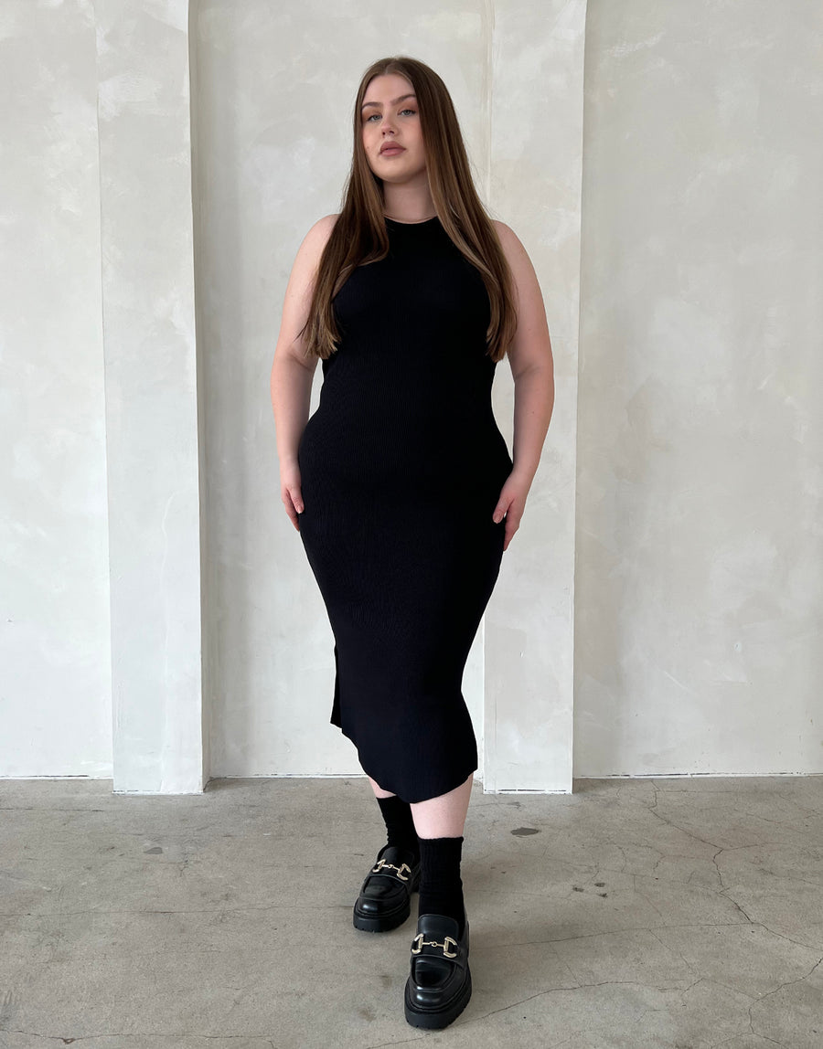 Curve Rib Knit Bodycon Midi Dress Plus Size Dresses Black 1XL -2020AVE
