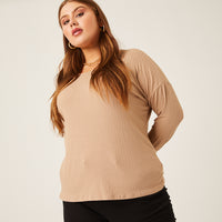 Curve Rib Knit Long Sleeve Top Plus Size Tops Taupe 1XL -2020AVE