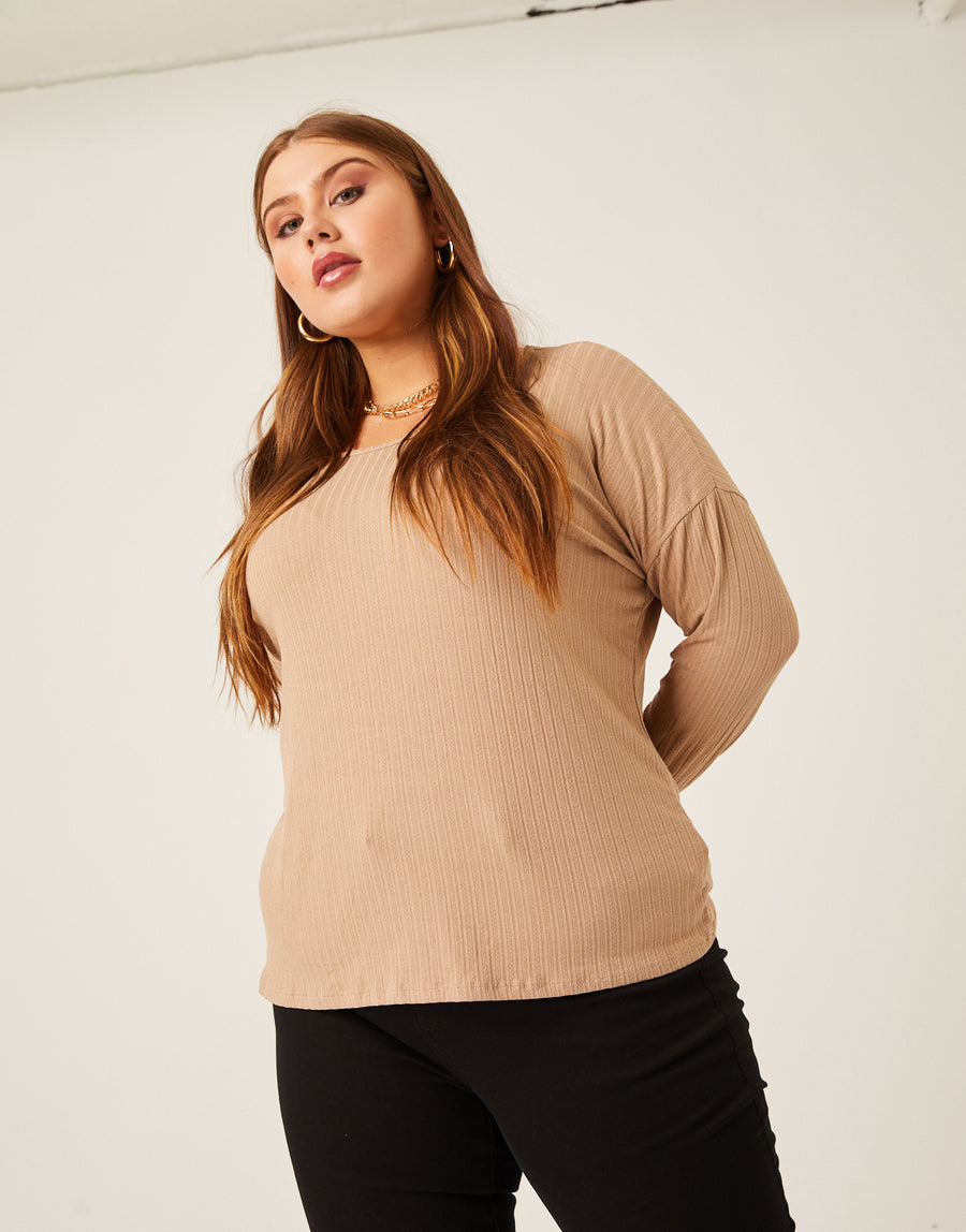 Curve Rib Knit Long Sleeve Top Plus Size Tops Taupe 1XL -2020AVE