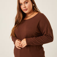 Curve Rib Knit Long Sleeve Top Plus Size Tops Brown 1XL -2020AVE