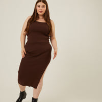 Curve Rib Knit Midi Skirt Plus Size Bottoms Brown 1XL -2020AVE