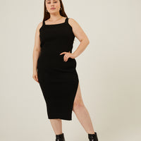 Curve Rib Knit Midi Skirt Plus Size Bottoms Black 1XL -2020AVE