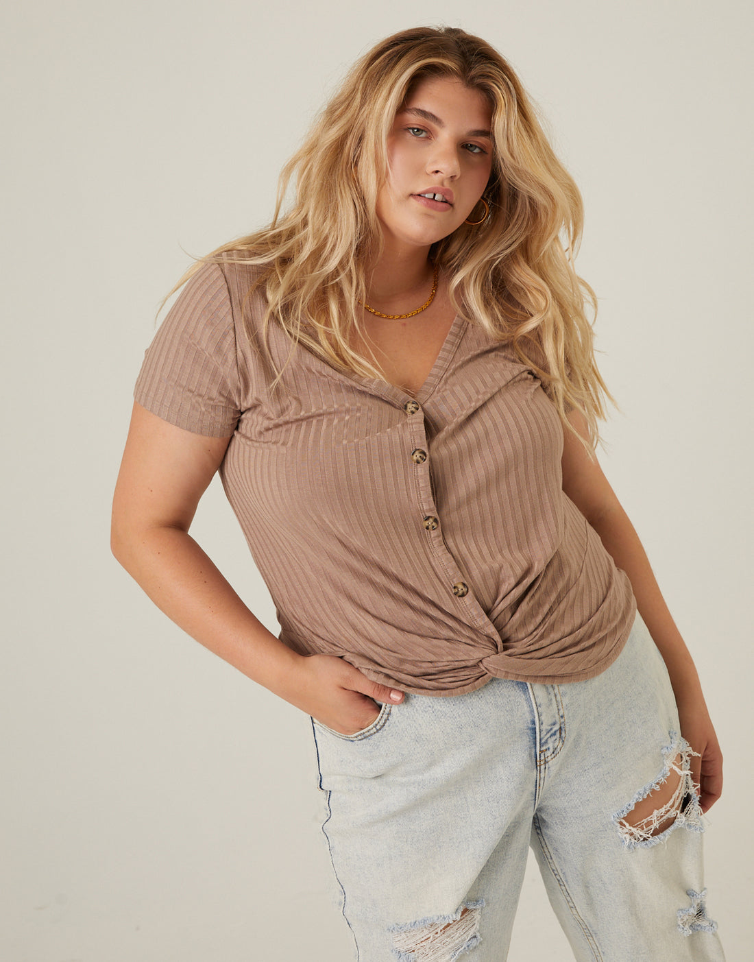 Curve Ribbed Button Tee Plus Size Tops Mocha 1XL -2020AVE