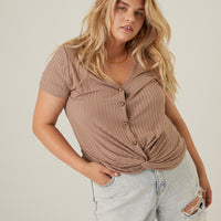 Curve Ribbed Button Tee Plus Size Tops Mocha 1XL -2020AVE