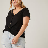 Curve Ribbed Button Tee Plus Size Tops Black 1XL -2020AVE