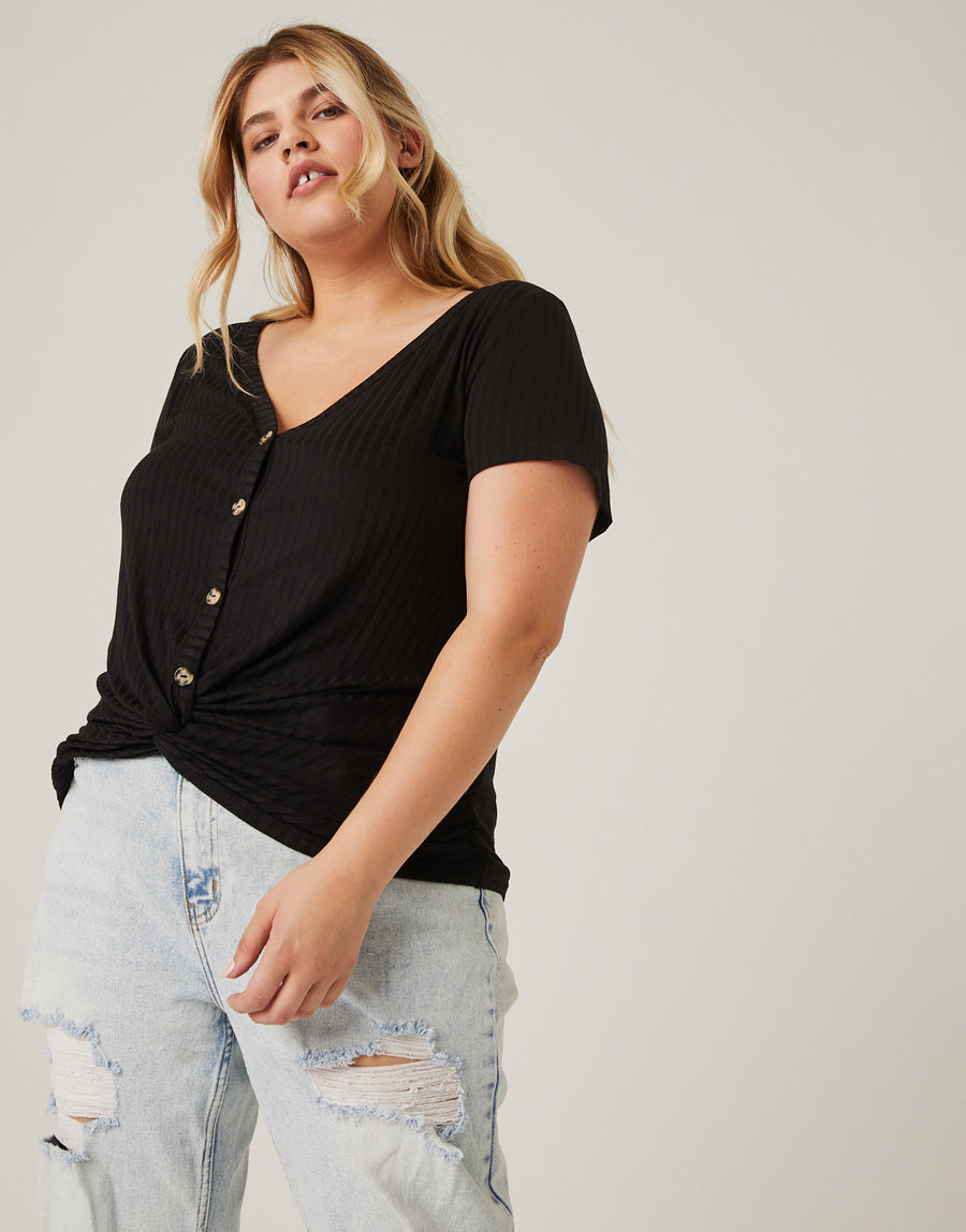 Curve Ribbed Button Tee Plus Size Tops Black 1XL -2020AVE