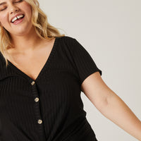 Curve Ribbed Button Tee Plus Size Tops -2020AVE
