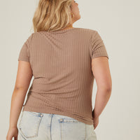 Curve Ribbed Button Tee Plus Size Tops -2020AVE