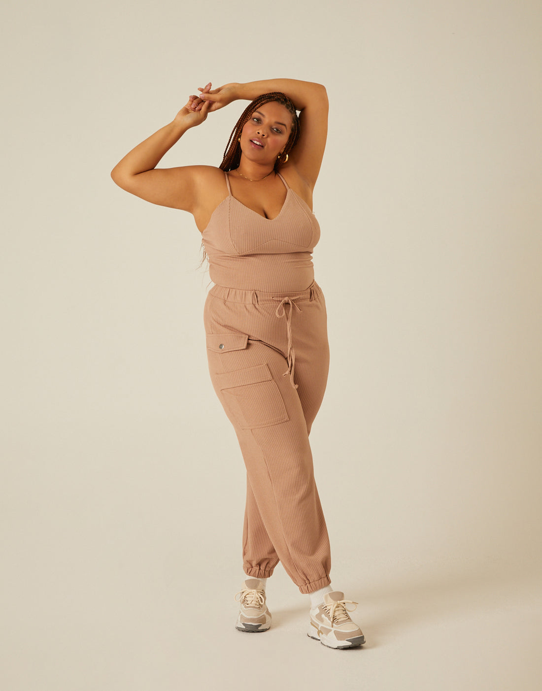 Curve Ribbed Knit Matching Set Plus Size Matching Sets Taupe 1XL -2020AVE