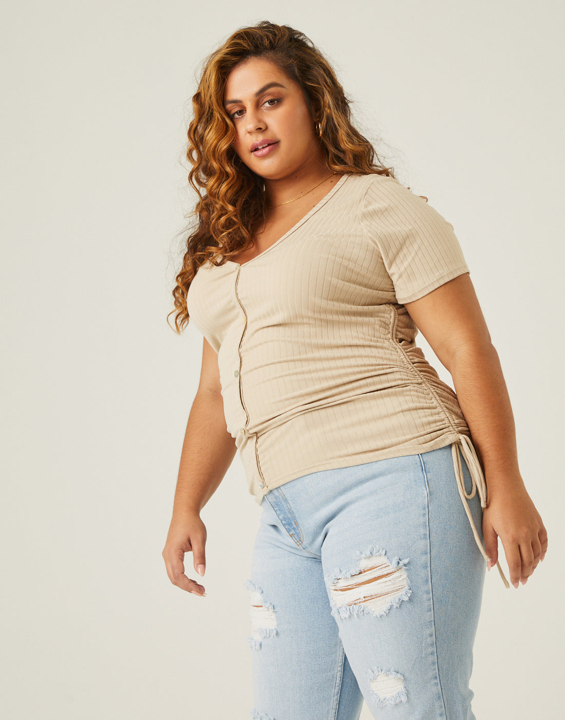Curve Ribbed Side Ruched Tee Plus Size Tops Beige 1XL -2020AVE