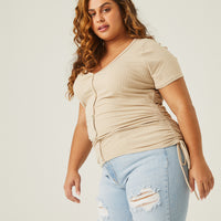 Curve Ribbed Side Ruched Tee Plus Size Tops Beige 1XL -2020AVE