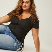 Curve Ribbed Side Ruched Tee Plus Size Tops Black 1XL -2020AVE