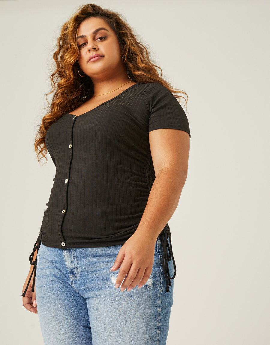 Curve Ribbed Side Ruched Tee Plus Size Tops -2020AVE