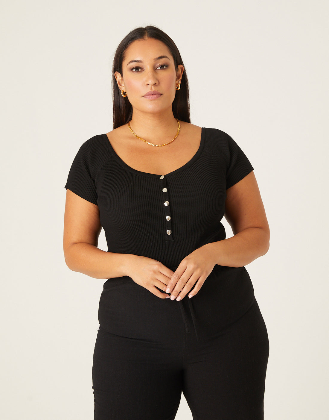 Curve Ribbed Snap Bodysuit Plus Size Tops -2020AVE