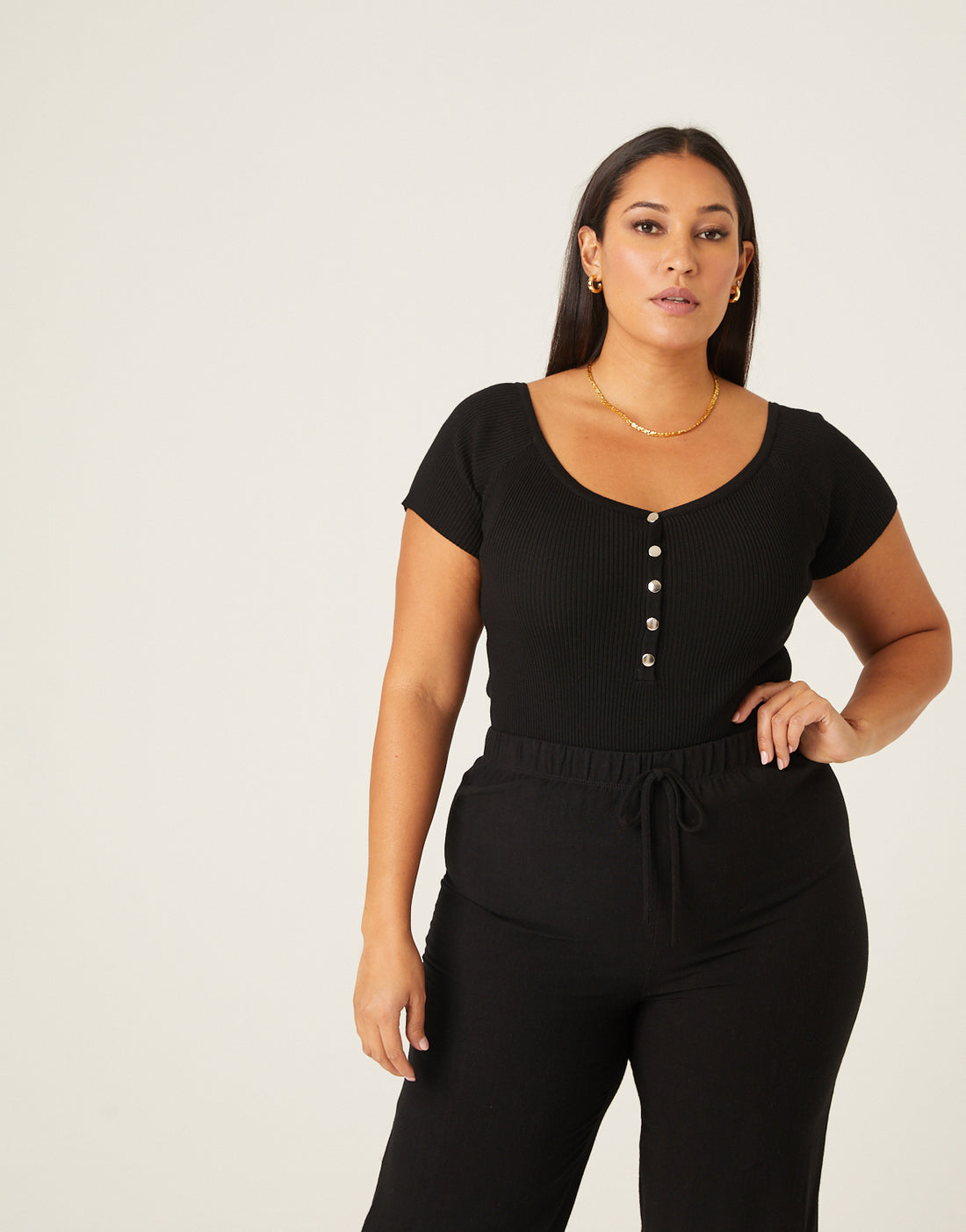 Curve Ribbed Snap Bodysuit Plus Size Tops Black 1XL -2020AVE