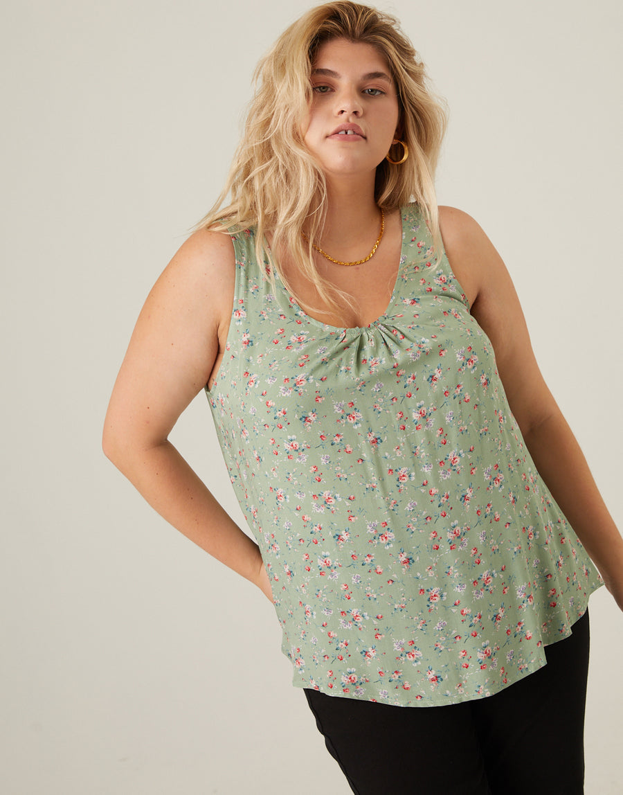 Curve Roses Floral Tank Plus Size Tops Green 1XL -2020AVE