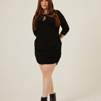Curve Ruched 3/4 Sleeve Dress Plus Size Dresses Black 1XL -2020AVE