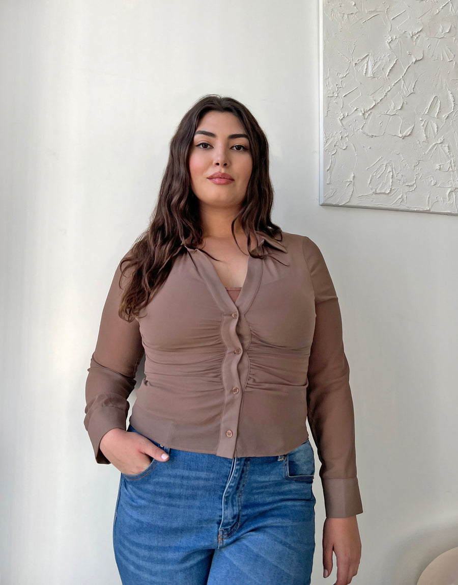 Curve Ruched Button Up Shirt Plus Size Tops Brown 1XL -2020AVE