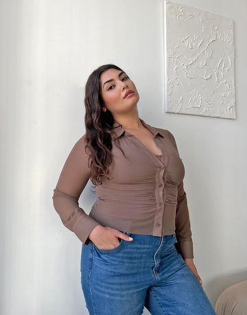 Curve Ruched Button Up Shirt Plus Size Tops -2020AVE