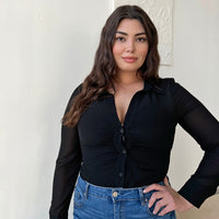 Curve Ruched Button Up Shirt Plus Size Tops Black 1XL -2020AVE