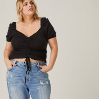 Curve Ruched Front Ribbed Tee Plus Size Tops Black 1XL -2020AVE
