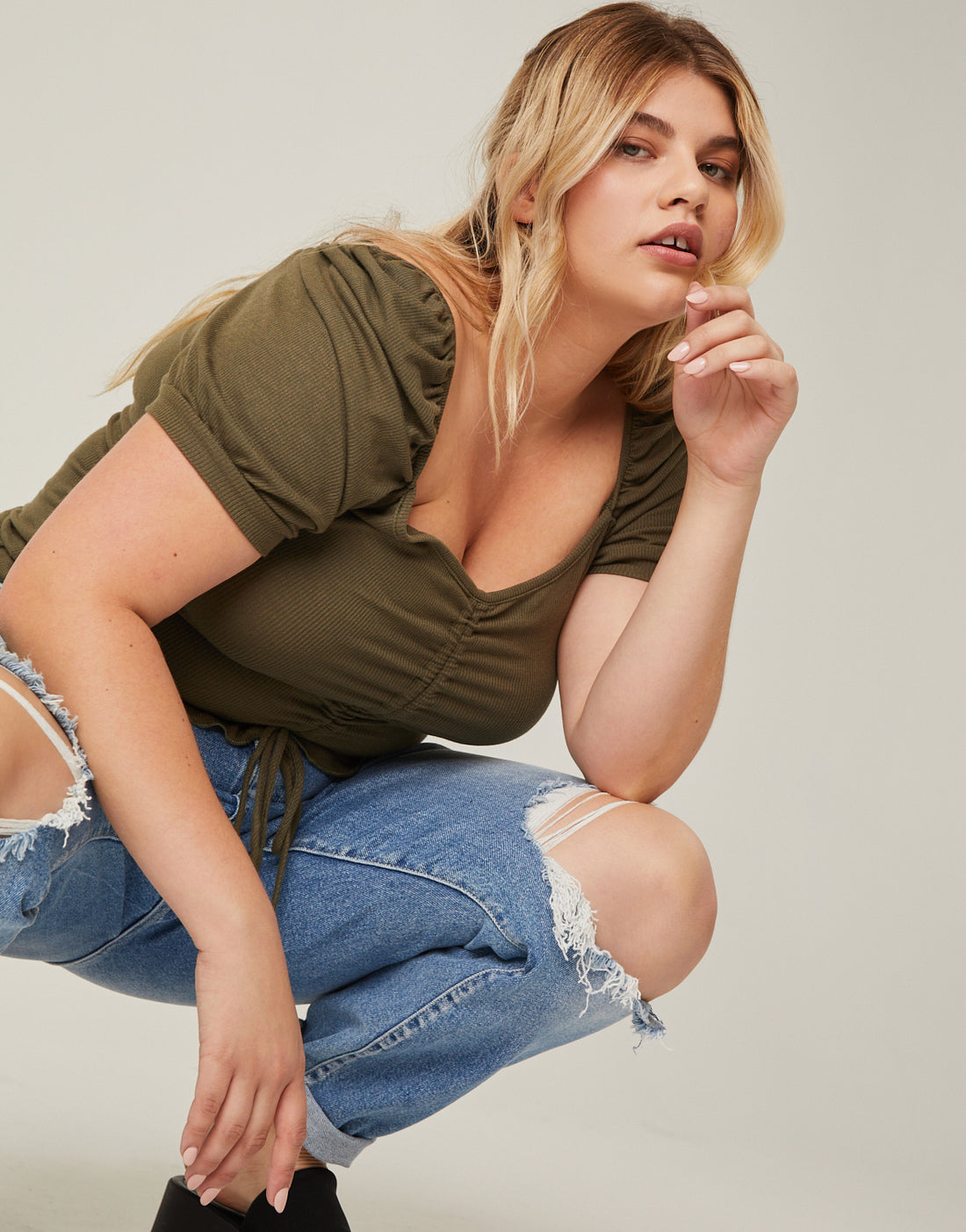 Curve Ruched Front Ribbed Tee Plus Size Tops Olive 1XL -2020AVE