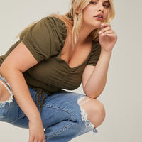 Curve Ruched Front Ribbed Tee Plus Size Tops Olive 1XL -2020AVE