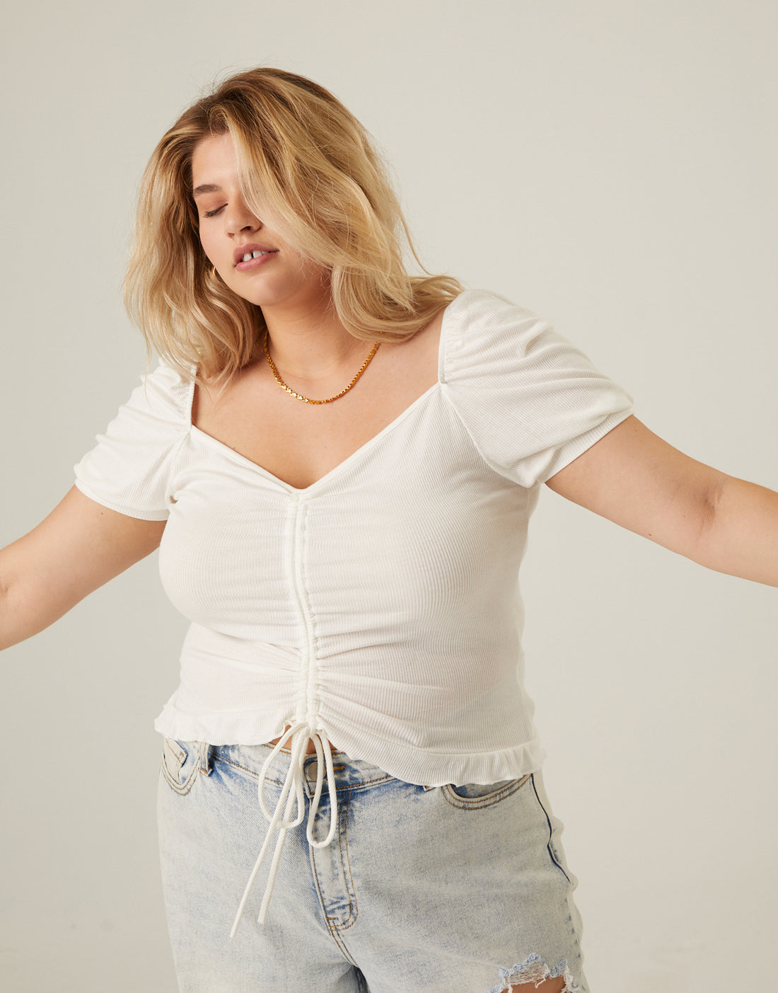 Curve Ruched Front Ribbed Tee Plus Size Tops Ivory 1XL -2020AVE