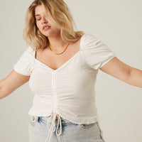 Curve Ruched Front Ribbed Tee Plus Size Tops Ivory 1XL -2020AVE