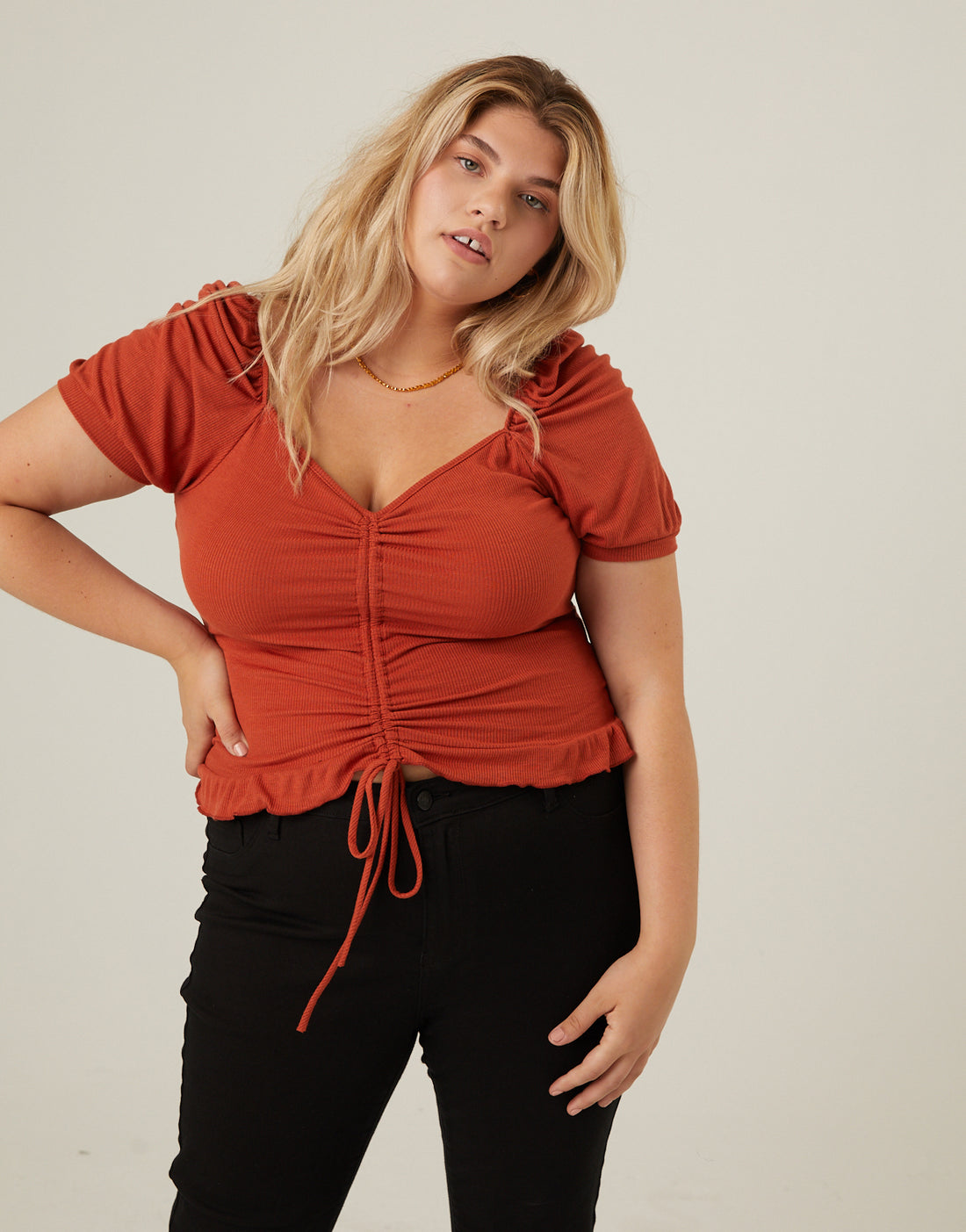 Curve Ruched Front Ribbed Tee Plus Size Tops Rust 1XL -2020AVE