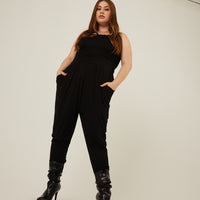 Curve Ruched Knit Jumpsuit Plus Size Rompers + Jumpsuits Black 1XL -2020AVE