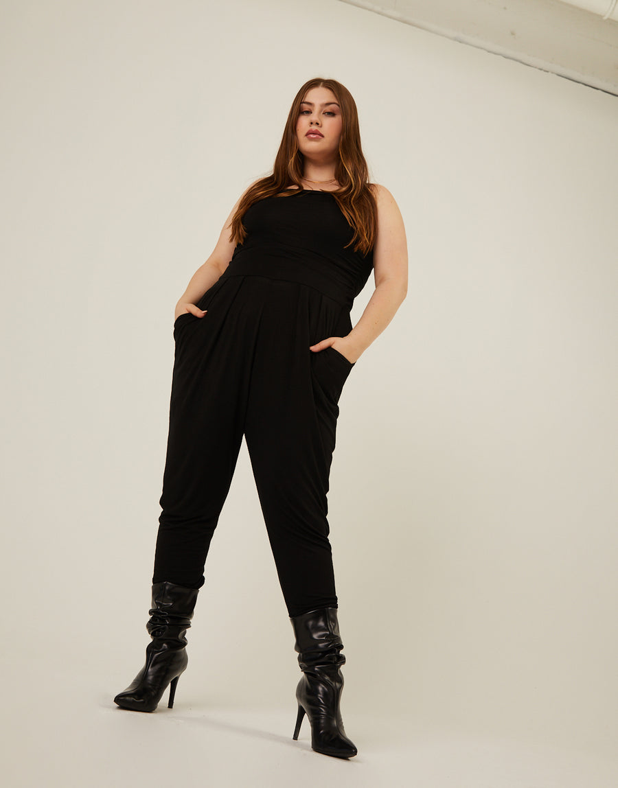 Curve Ruched Knit Jumpsuit Plus Size Rompers + Jumpsuits Black 1XL -2020AVE